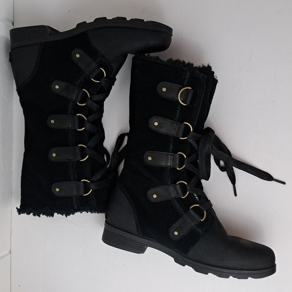 Sorel Emilie Black Leather And Suede Tall Lace-Up Fleece Lined Winter Boots Sz9 - Picture 8 of 12
